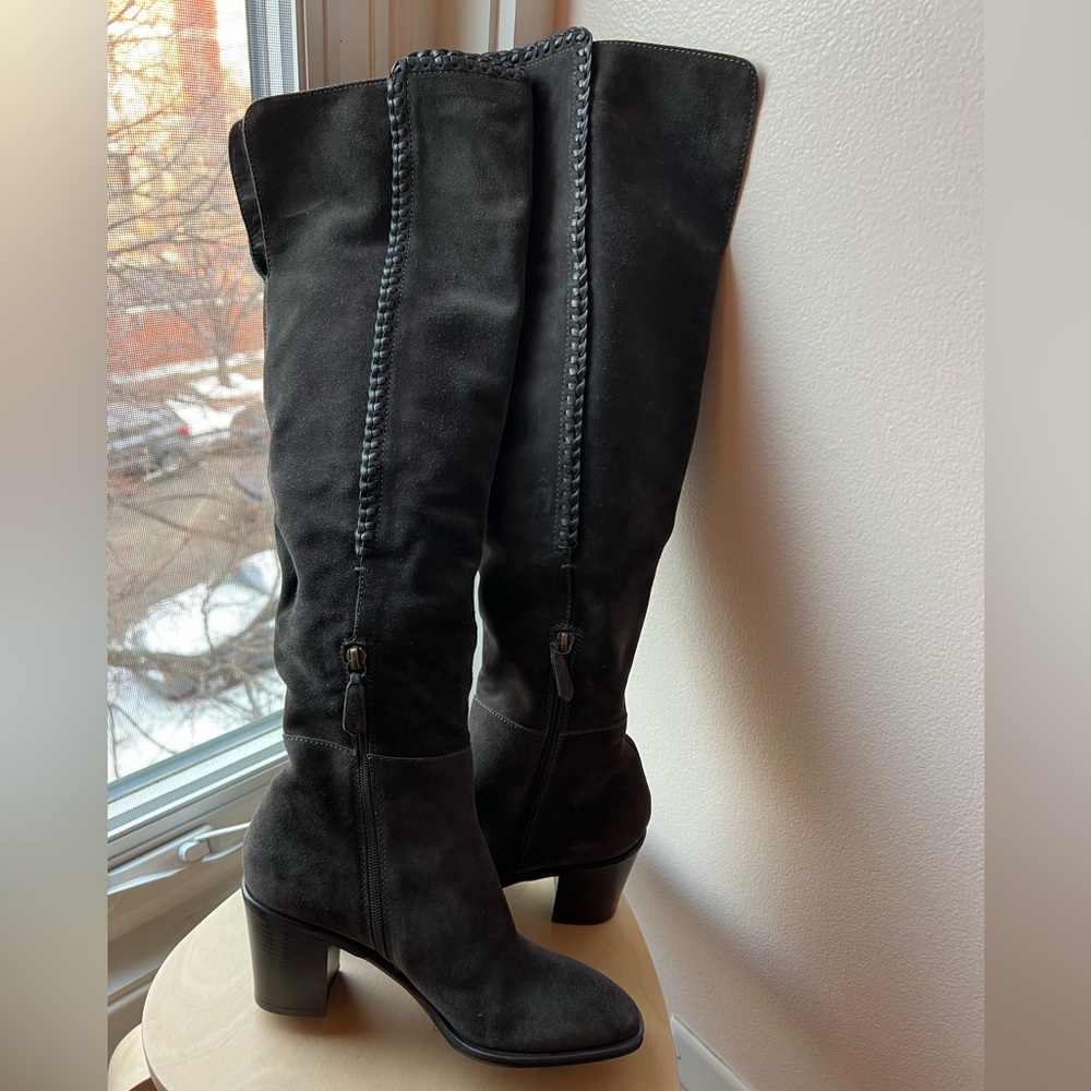 Frye over the knee gray leather suede heeled boots -stitched details, block heel
